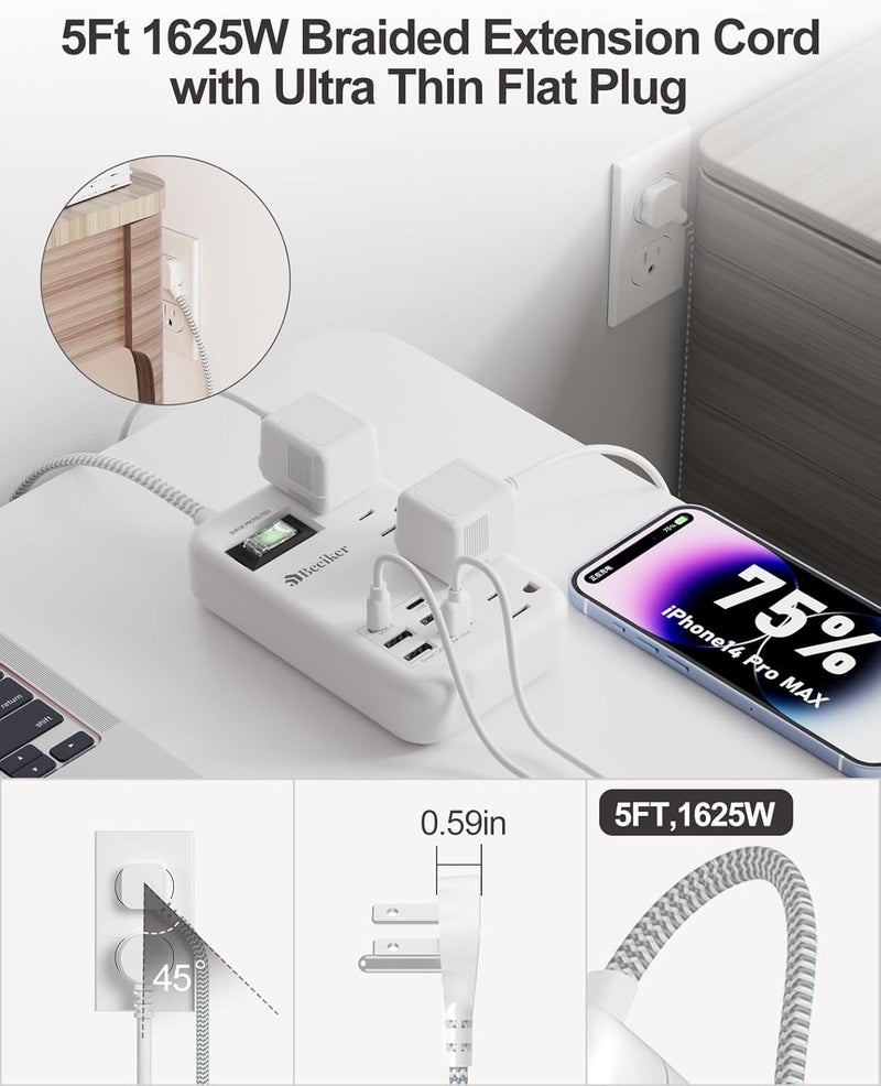 Beeiker 6 USB(2 USB C) Surge Protector Power Strip- 5Ft Travel Power Strip with 4.8A USB Charging Station and 4 Extendable Outlet, 13A Flat Plug Braided Extension Cord with Wall Mount for Travel Office Dorm - Image 4